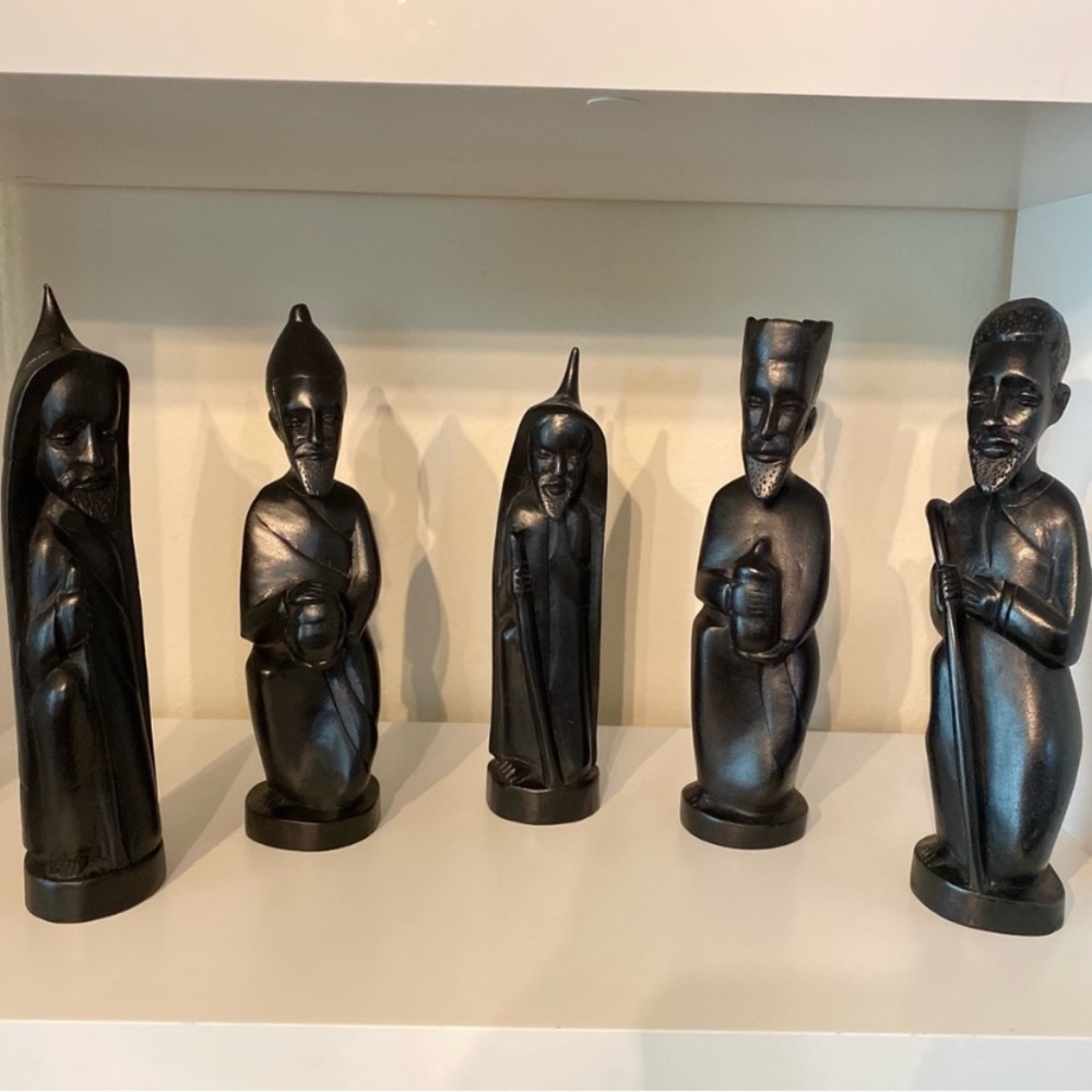 Hand carved nativity scene black wooden vintage 5 piece set Christmas